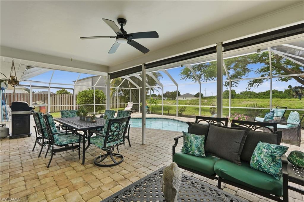 So much covered space for entertaining and relaxing by the pool.