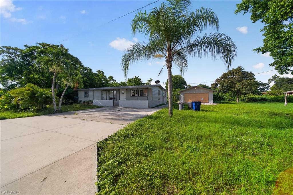 Spacious front yard featuring a concrete driveway and mature palm trees