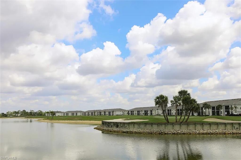 Expansive lakefront setting featuring a manicured green space, mature palm trees, and multi-story residential buildings in the background