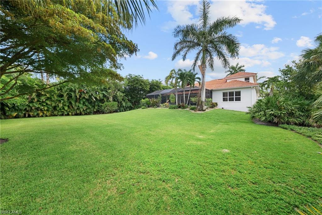 Expansive green lawn with mature tropical landscaping