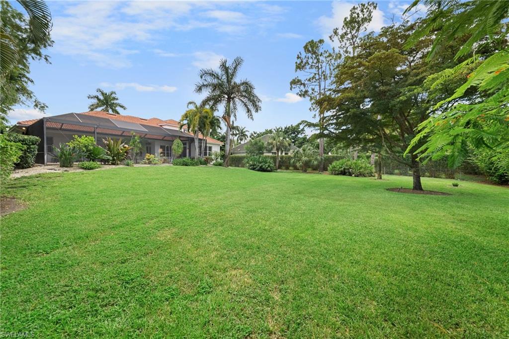 Expansive green lawn with mature trees and tropical landscaping