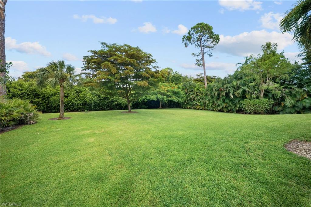 Expansive grassy lawn surrounded by lush tropical foliage and mature trees
