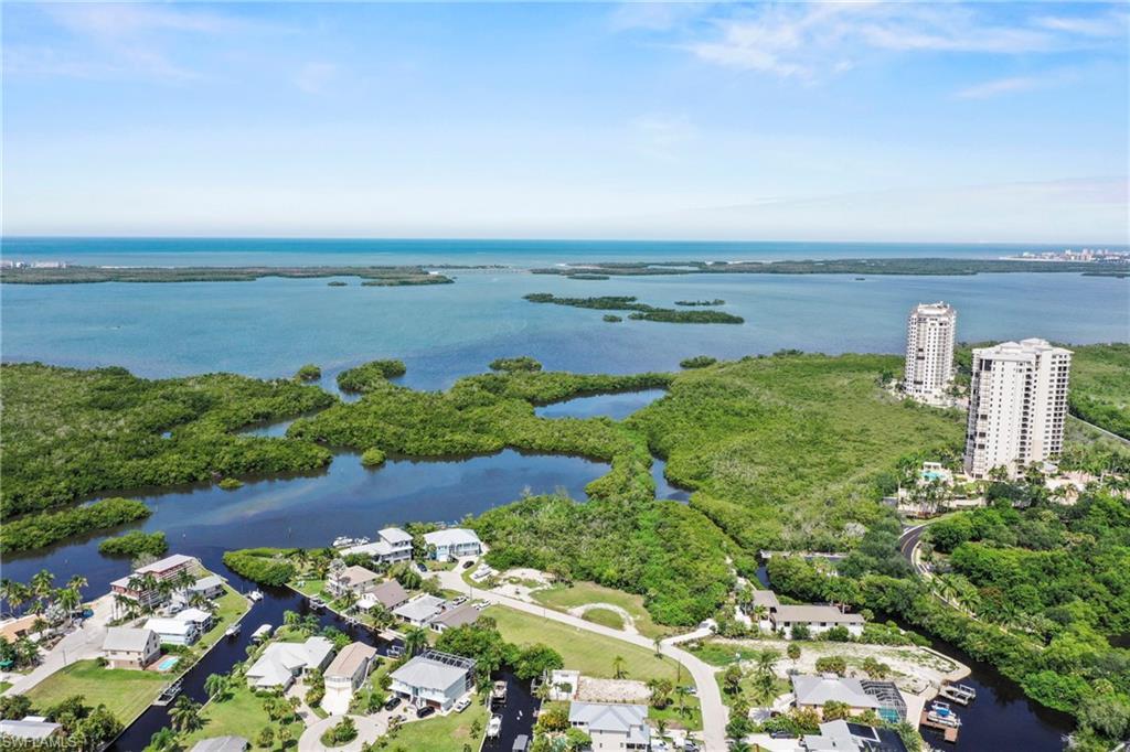 Expansive aerial capturing a coastal landscape with water features, lush green foliage, and residential properties