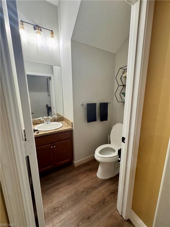 Compact bathroom featuring wood-finish flooring, a vanity with a granite-style countertop, a wall-mounted light fixture, and neutral wall paint