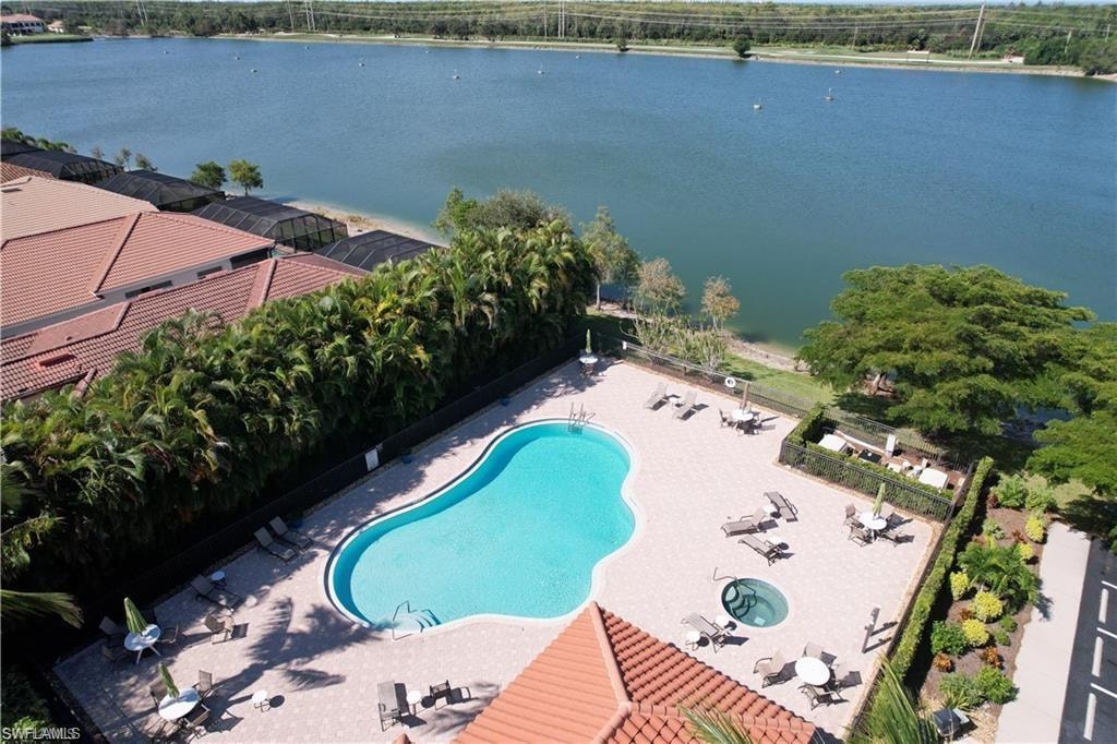 Aerial of Matera community pool and spa overlooking lake