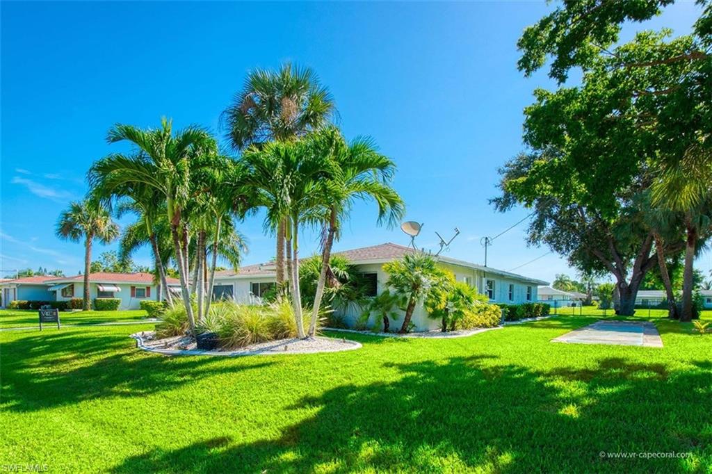 Expansive green lawn with mature palm trees and established landscaping