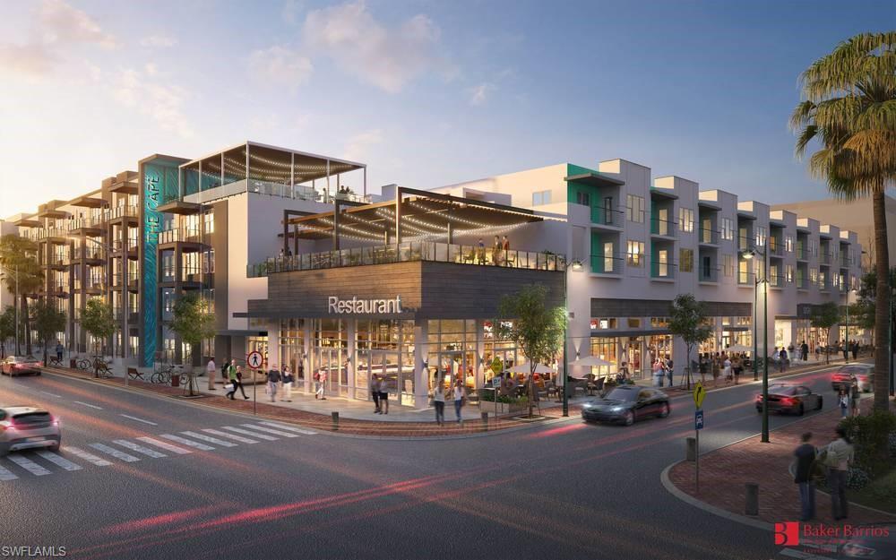 Modern mixed-use building featuring ground-floor retail, a prominent restaurant space with outdoor seating, and multi-story residential units