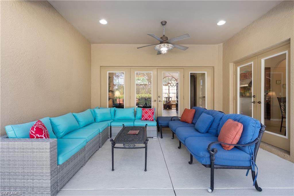 View of patio with a ceiling fan, french doors, and outdoor lounge area
