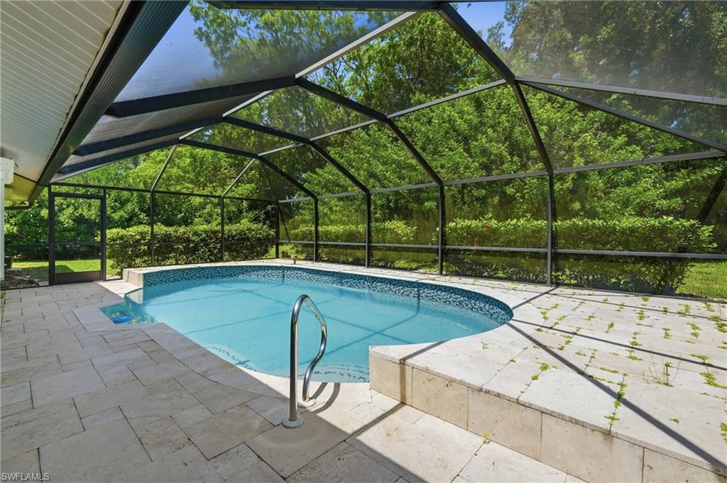 Screen-enclosed pool featuring a curvilinear design and blue mosaic tile border
