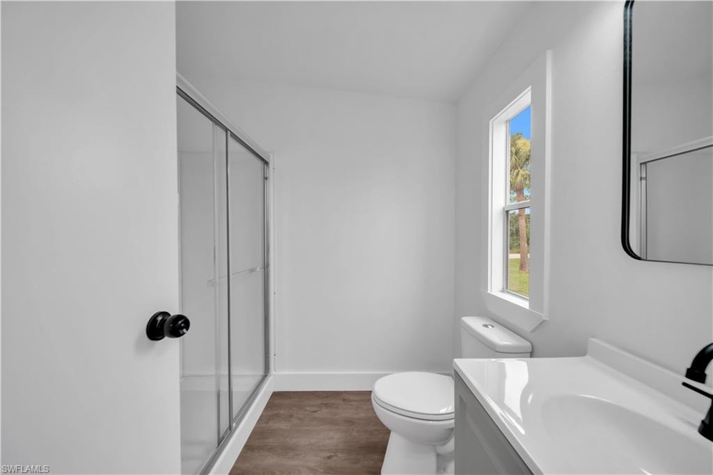 Bathroom featuring a glass-enclosed shower, wood-finish flooring, a contemporary vanity with an integrated sink, and a framed mirror