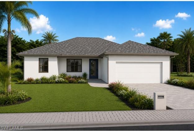 Single-story residence featuring a white stucco exterior, grey shingle roof, and dark-framed windows