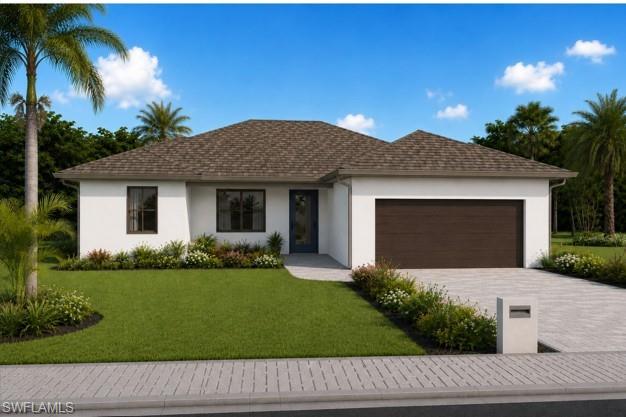 Contemporary single-story residence featuring a hip roof, white stucco facade, and a two-car garage.