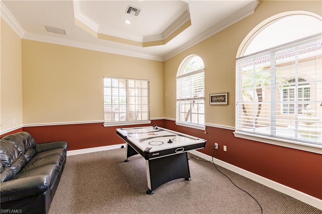 Rec room featuring crown molding, carpet floors, and a tray ceiling
