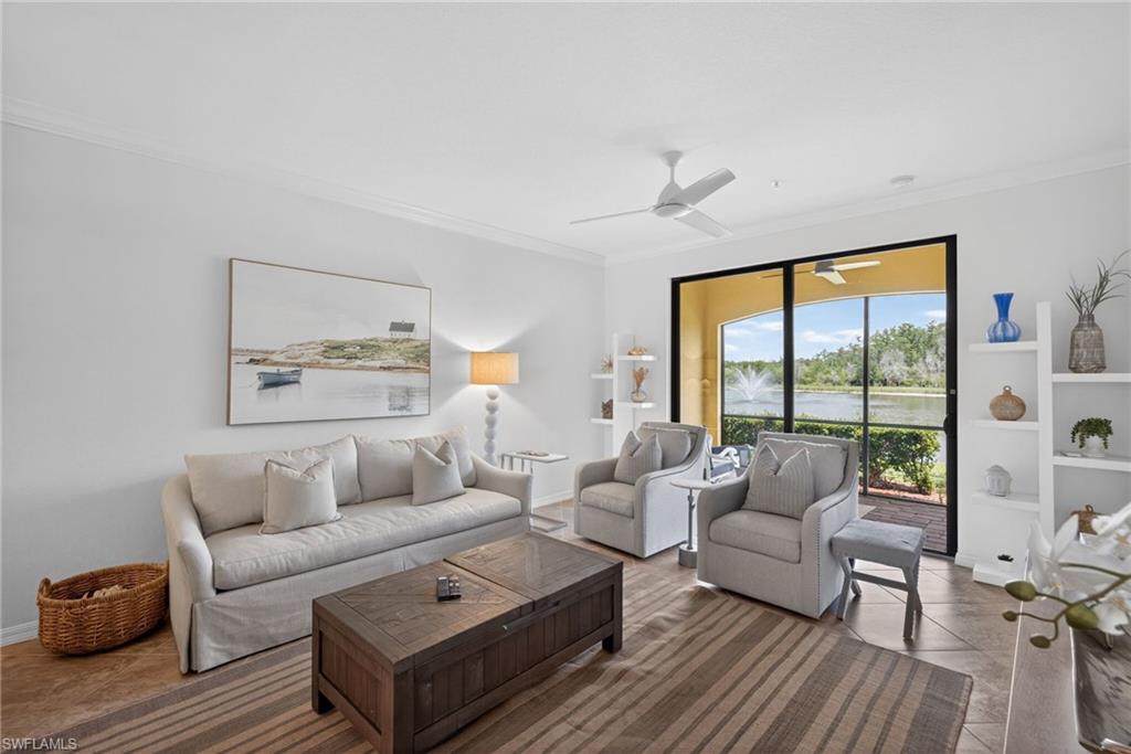 Living area with neutral wall tones and tile flooring