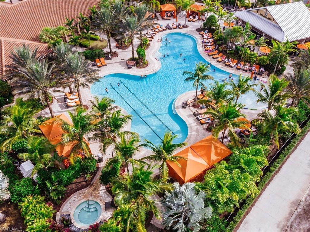 Resort-style pool with integrated lap lanes, surrounded by extensive hardscaping and lush tropical landscaping