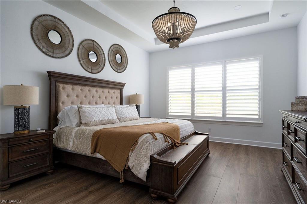 Spacious room featuring wood-finish flooring, a tray ceiling, and a large window with white plantation shutters