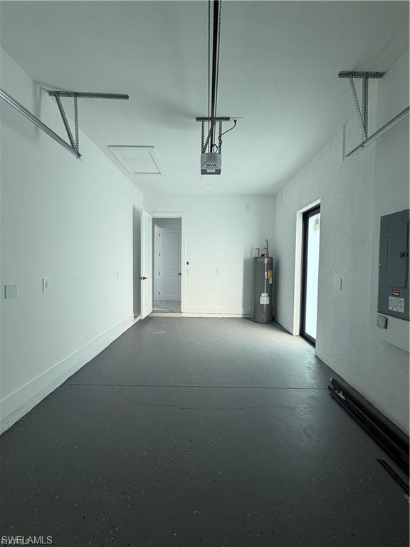 Spacious garage featuring a finished floor coating, automatic garage door opener, interior access door, water heater, and electrical panel