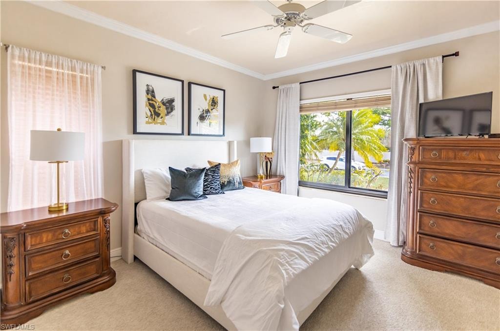Carpeted room featuring a white bed frame with upholstered headboard, crown molding, and a ceiling fan