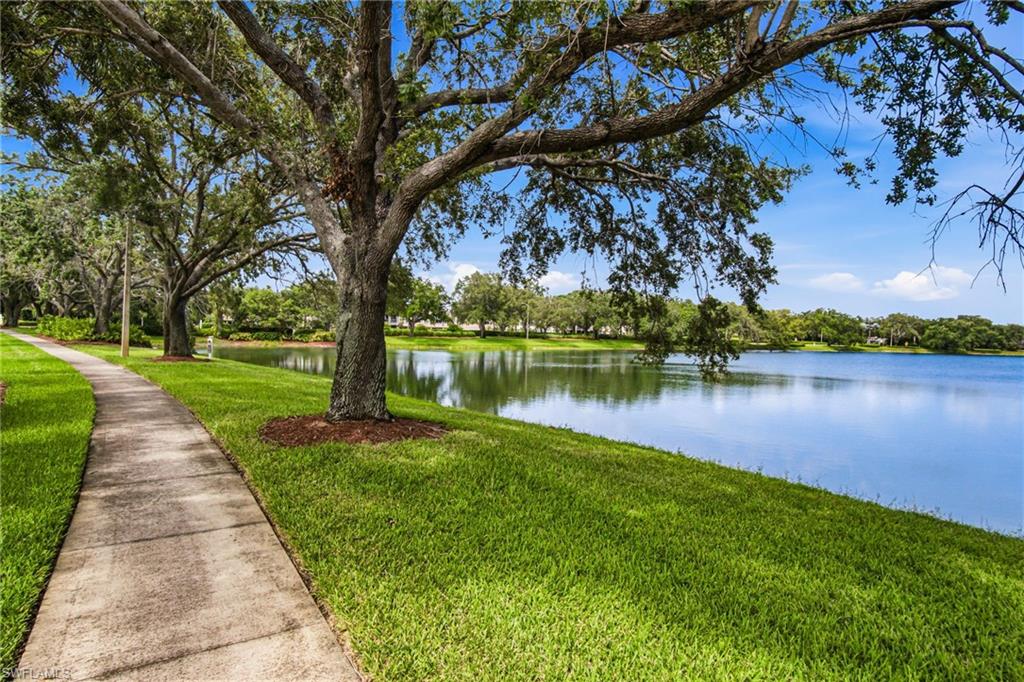 Waterfront property featuring a mature tree-lined landscape with lush, manicured lawn and a concrete walking path
