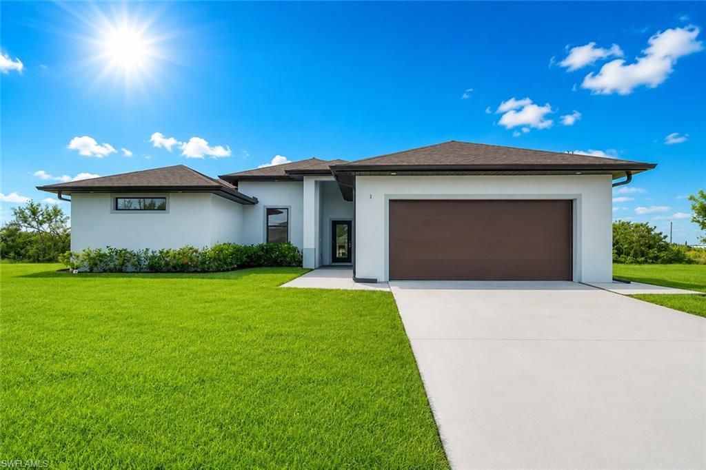 Contemporary stucco exterior with a dark brown garage door, dark shingle roof, integrated entryway, and a concrete driveway