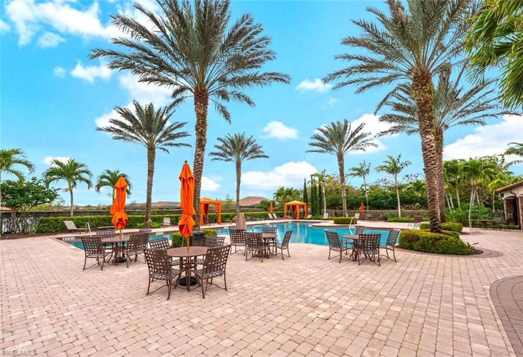 Expansive outdoor patio featuring paver flooring, a swimming pool, and mature palm trees