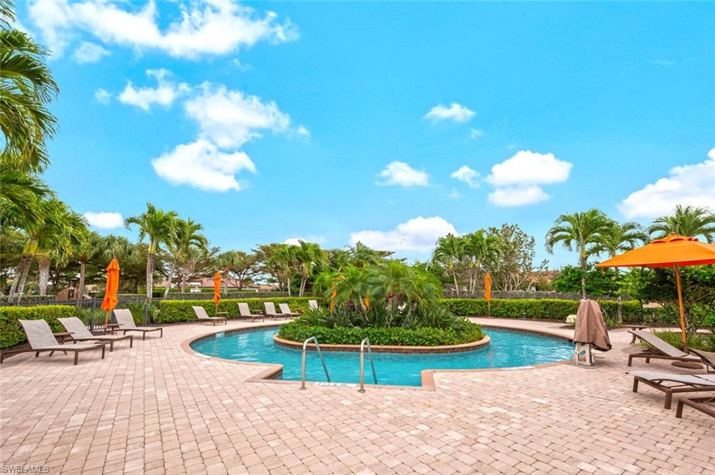 Curved swimming pool with an integrated island feature, surrounded by paver decking and lush tropical landscaping