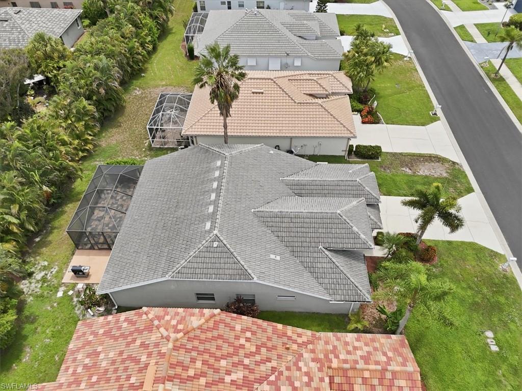 Gray tile roof home featuring a screened-in lanai, concrete patio, and a mature palm tree