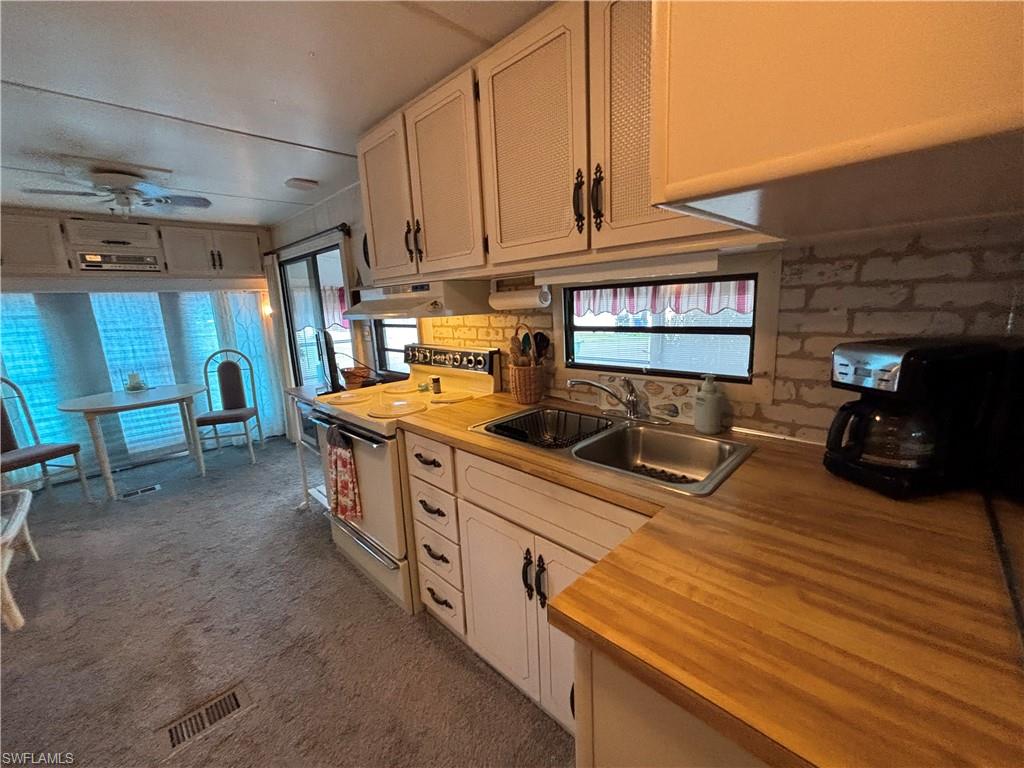 Kitchen with wood-finish countertops, dual-basin stainless steel sink, and white cabinetry