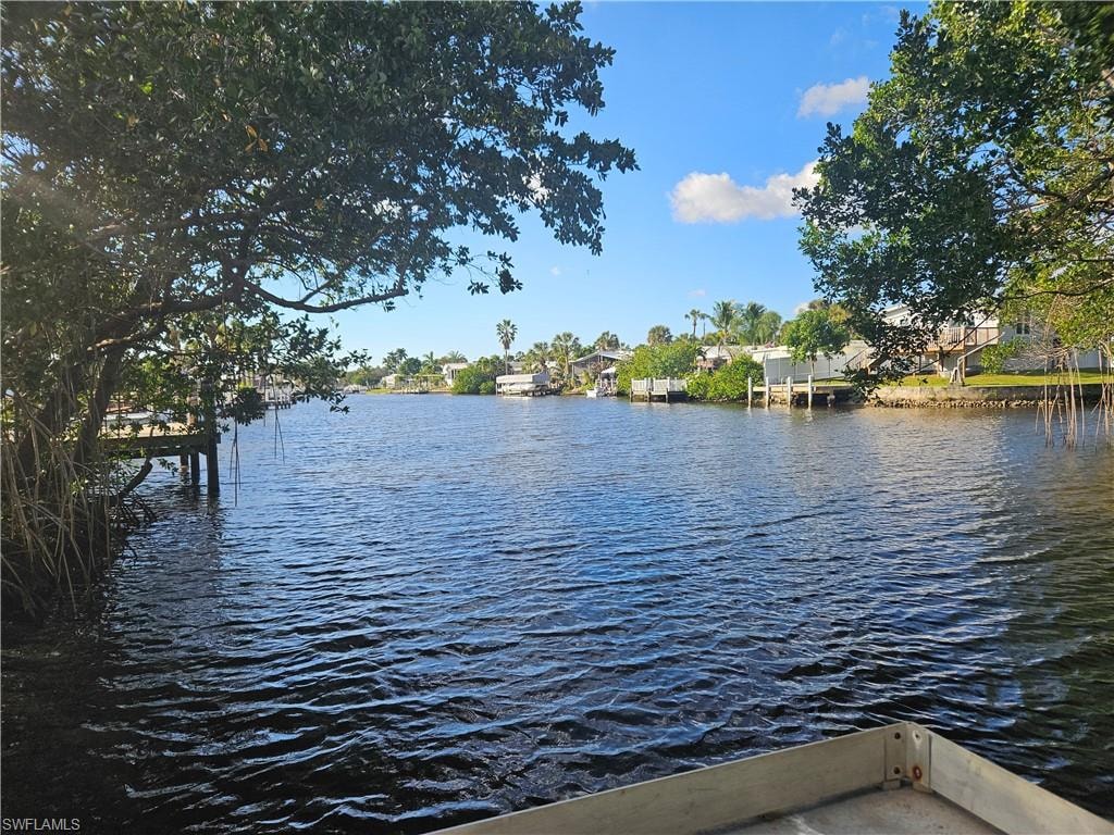 Water view with a dock