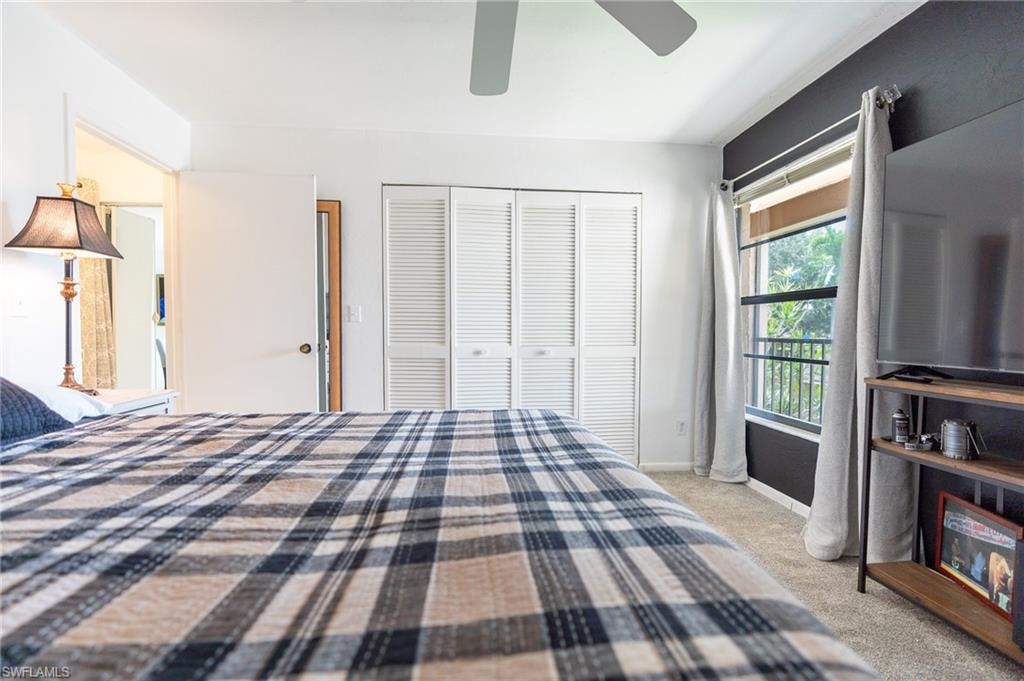 Carpeted room featuring a ceiling fan, louvered bi-fold closet doors, a window with exterior balcony railing, and a dark accent wall