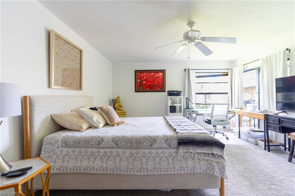 Carpeted room with a ceiling fan, featuring multiple windows, white walls, and a large bed frame