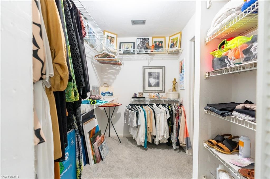 Walk-in closet featuring wire shelving, hanging rods, and light gray carpeting