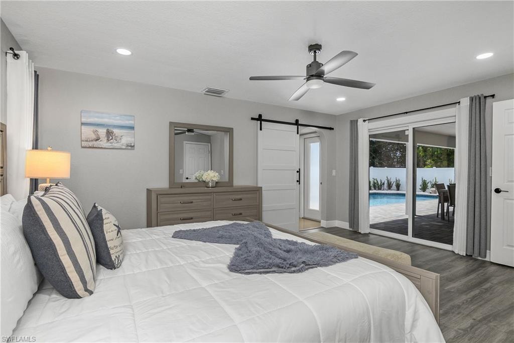 Spacious room featuring wood-finish flooring, recessed lighting, and a contemporary ceiling fan