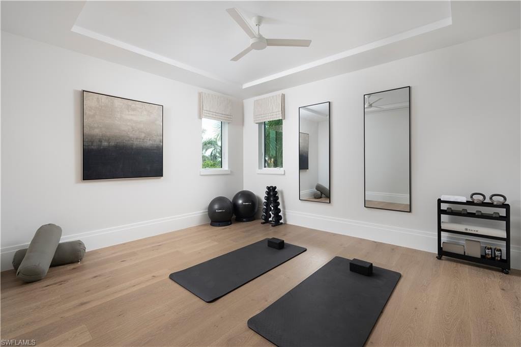 Dedicated fitness space featuring wood-finish flooring and a tray ceiling