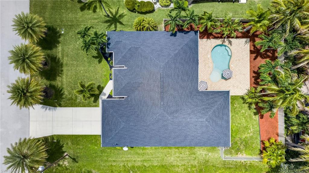Roofline of the property featuring a dark shingle roof, a generously sized backyard with a swimming pool, a concrete pool deck, and mature palm trees