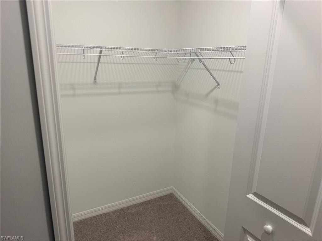 Corner closet featuring white wire shelving, light-toned carpeting, and crisp white baseboards