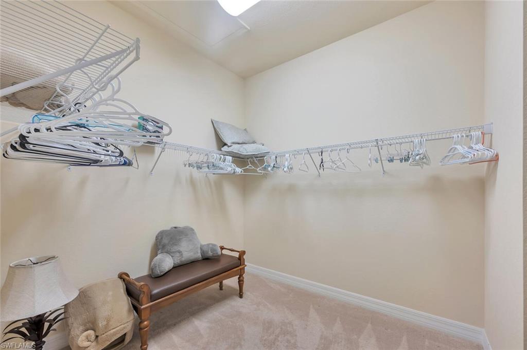 Walk-in closet featuring light beige walls, carpeted flooring, and white wire shelving with integrated hanging rods
