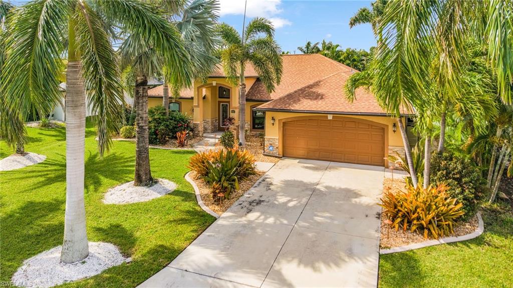 Lush tropical landscaping featuring mature palm trees and manicured lawn