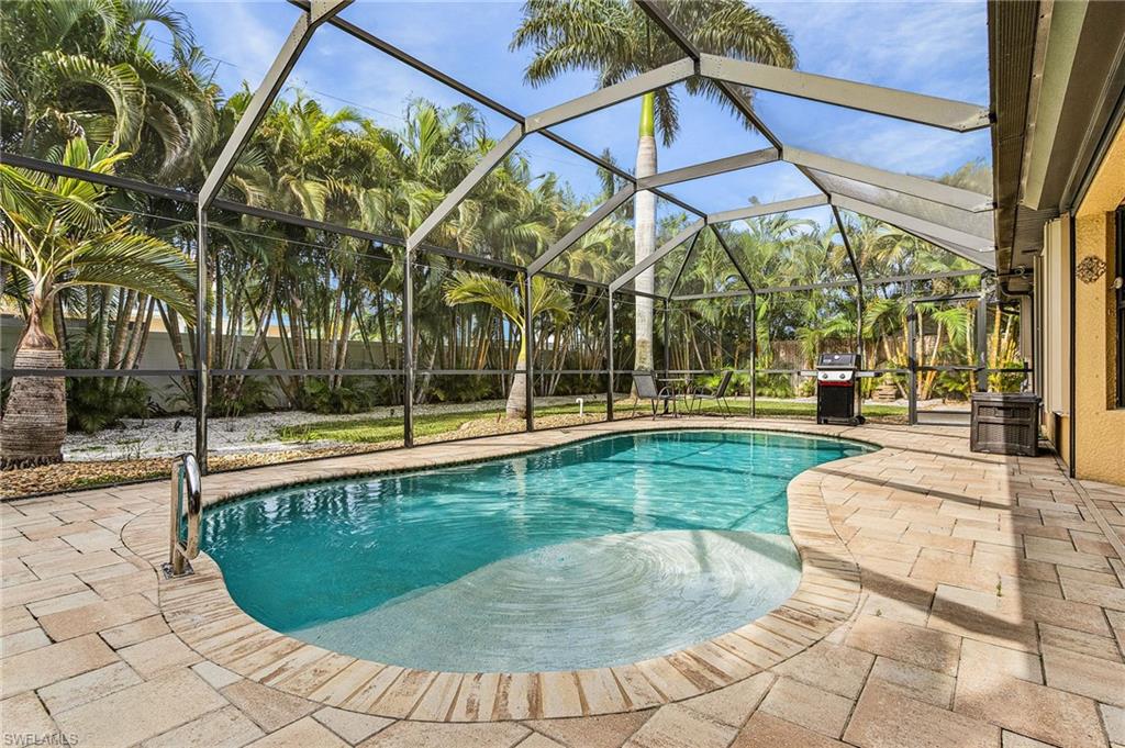Screened pool enclosure with resort-style saltwater pool featuring a sun shelf and curved design