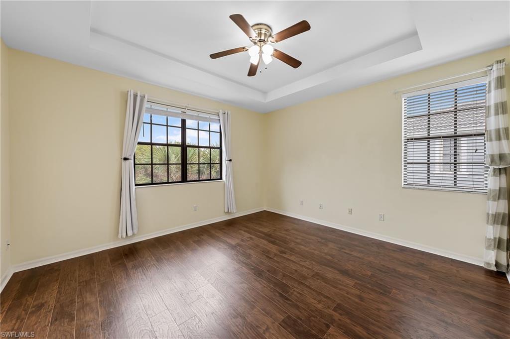 Unfurnished room with a tray ceiling, dark wood-style flooring, and healthy amount of natural light