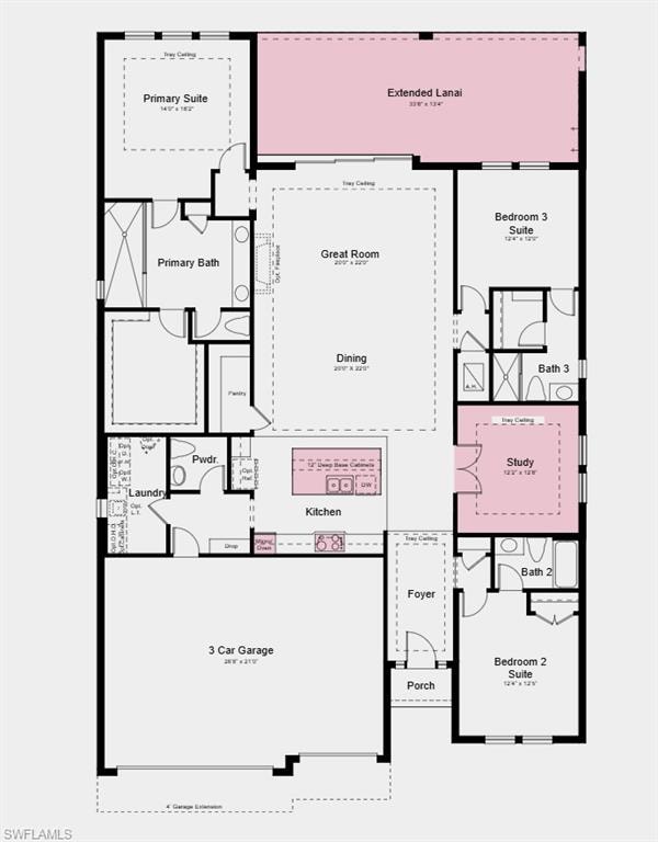 Floor Plan - Additional Highlights Include: extended covered lanai, tray ceiling package, gourmet kitchen, outdoor kitchen rough-in, pool/spa pre-wire, and impact windows throughout the home
