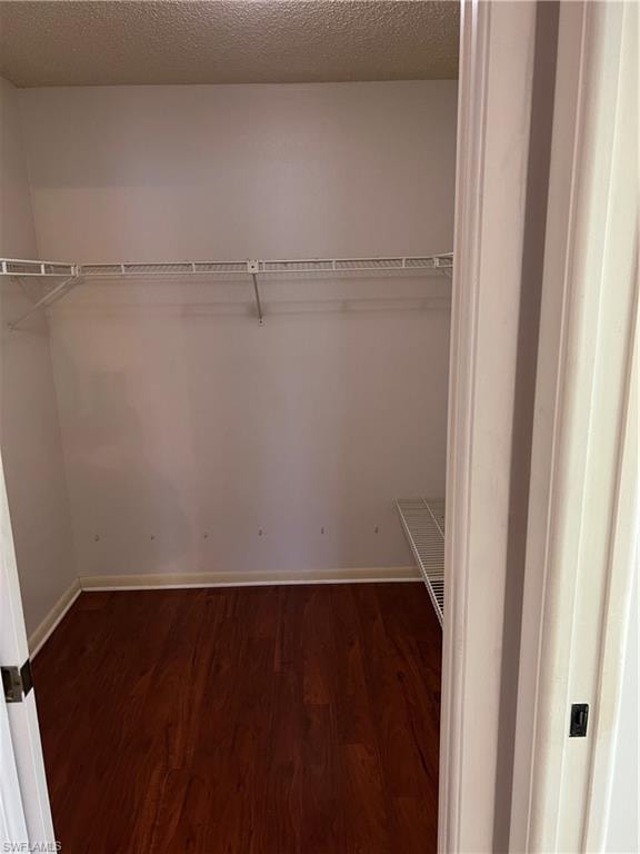 Spacious walk-in closet featuring rich wood-finish flooring, white painted walls, and a full-length hanging rod with shelf storage above for optimal organization and accessibility