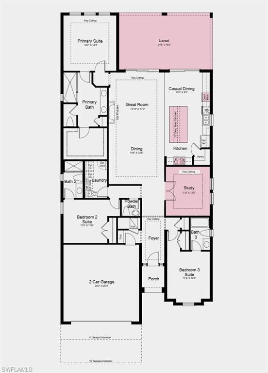 Floor Plan - Additional Highlights Include: tray ceiling package, 4' garage extension, pool and spa, impact windows throughout the house, all appliances included, and 8' interior doors