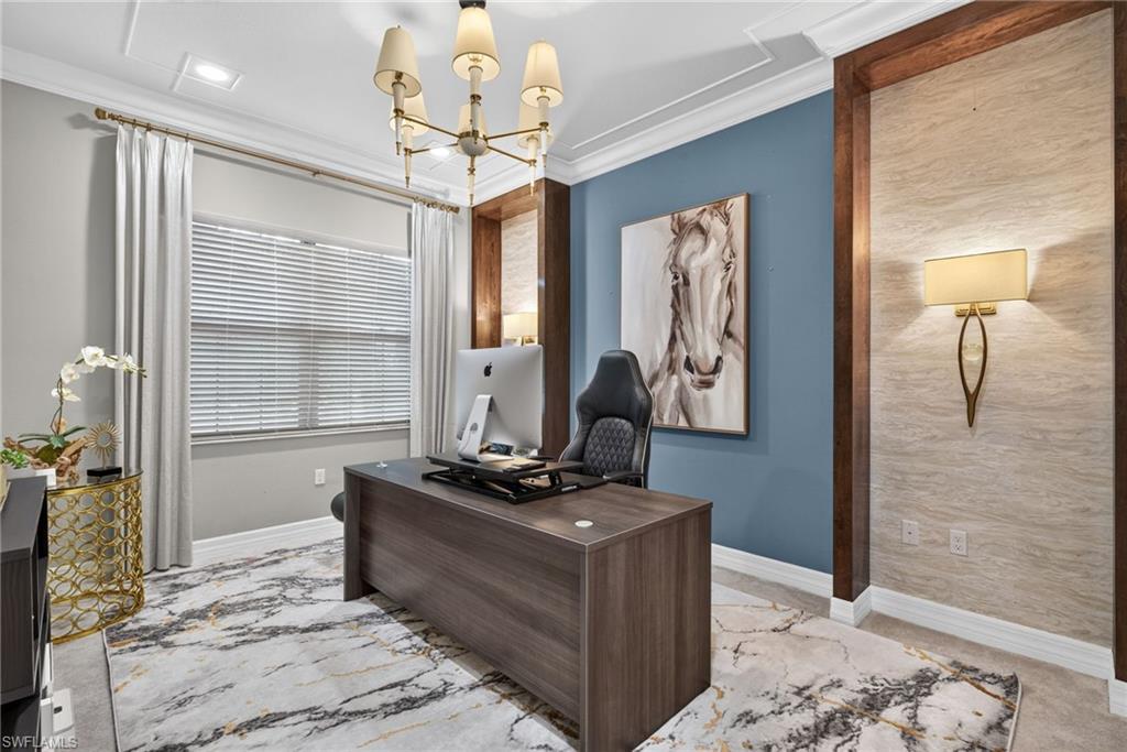 Recessed lighting, custom trim, crown molding, sconce lighting, and a decorative ceiling fixture illuminate this space.  Located on 1st floor, can be converted to 5th bedroom, with full bath next to it.