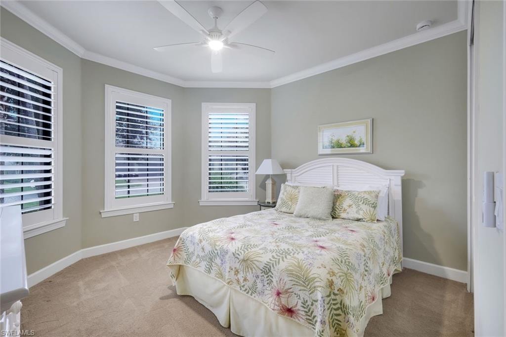 Beige carpeting, multiple windows with white plantation shutters, crown molding, white ceiling fan with integrated lighting, and a white paneled door