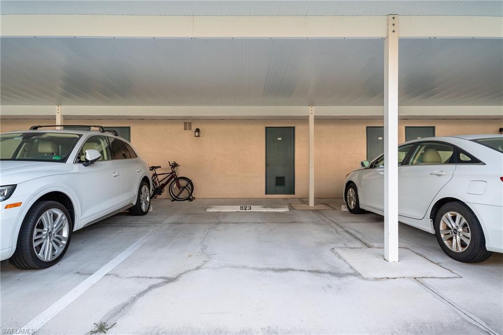 A designated covered parking spot with large storage closet. Space for bike parking as well.