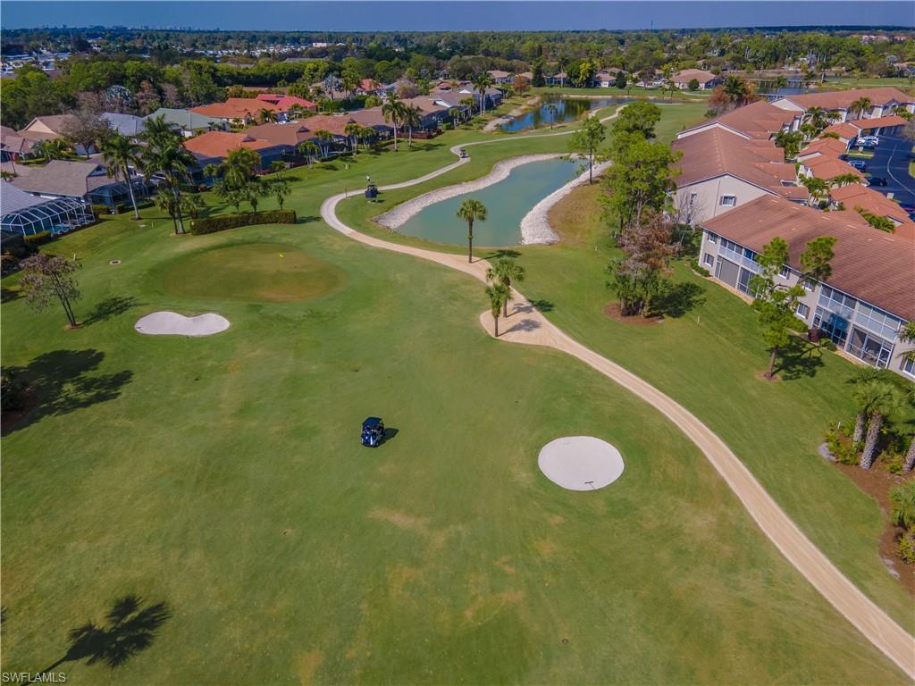 Expansive green spaces with mature palm trees, sand traps, and a water feature