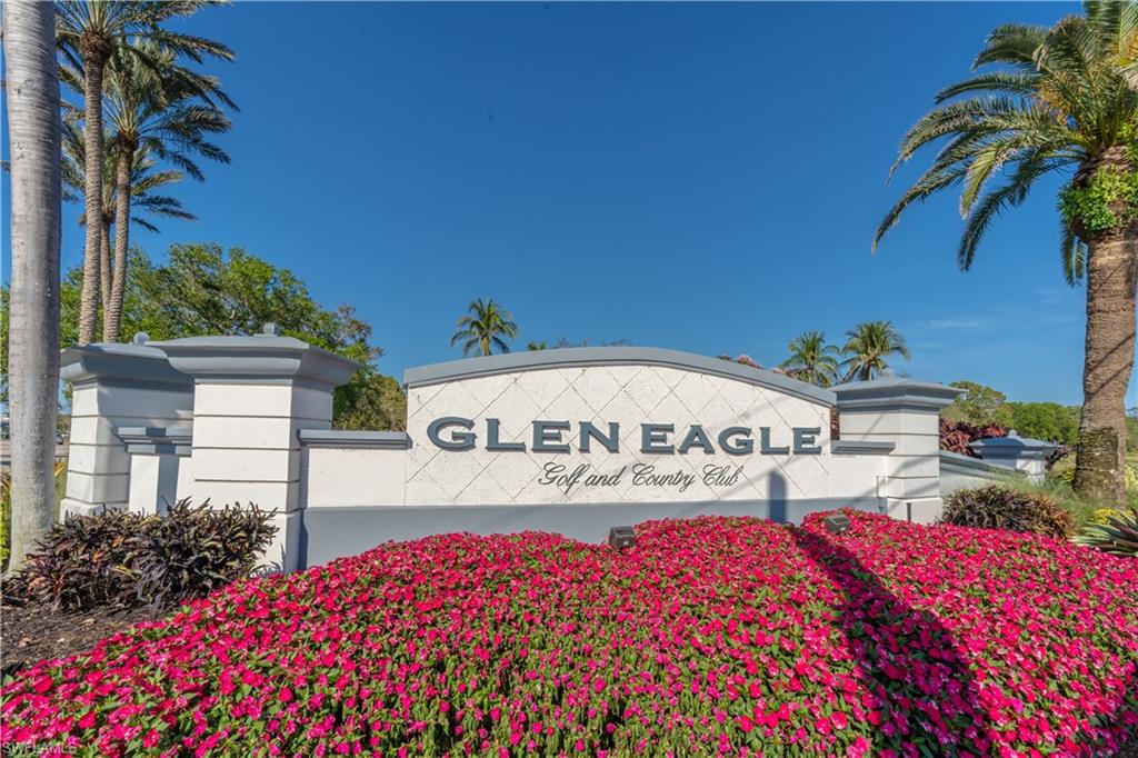 Community entrance signage featuring "Glen Eagle Golf and Country Club" with a stone-textured finish