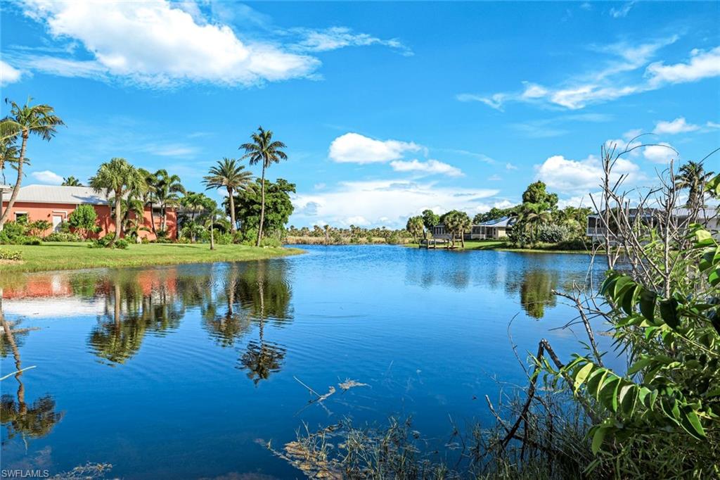 Waterfront property featuring expansive lake views with mature palm trees and lush tropical landscaping