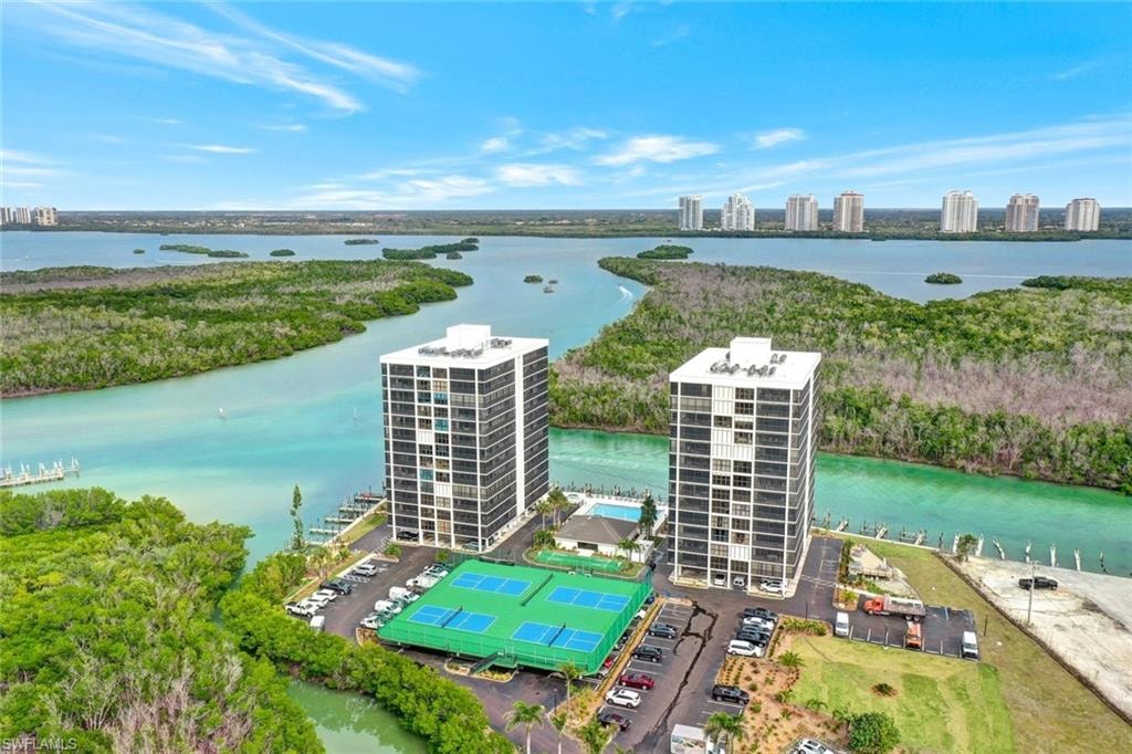Twin high-rise residential towers offering water frontage with boat slips